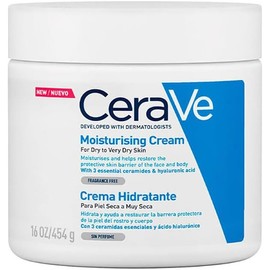 Crema hidratante CeraVe diaria para rostro y cuerpo, diseñada para piel seca, en presentación de 454 gramos.