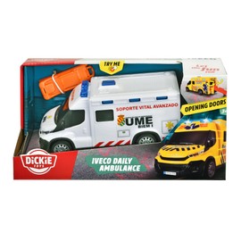 Dickie Toys - Ambulanza IVECO dell'UME 18 cm, ambulanza giocattolo, luce e suono, ruota con rotazione libera, con lettino, veicolo giocattolo per bambini e bambine a partire dai 3 anni (203713014SI5)