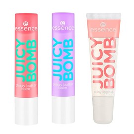 essence - Pack 3 Labiales Brillantes JUICY BOMB: One in a Melon, So Berry Cute (2.5 g c/u) & Gloss Lovely Litchi (10 ml), Labios Suaves, Voluminosos y Ultrabrillantes
