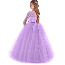 IZKIZF Flower Girls 3/4 Sleeve Lace Bowknot Princess Wedding Tulle Dress Birthday Communion Pageant Party Ball Maxi Gown Purple 9-10T