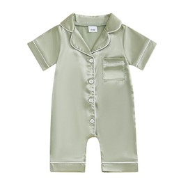 MAINESAKA ​Baby Girl Boy Satin Romper Pajamas Short Sleeve Lapel Button Down Silk Jumpsuit Pjs Infant One Piece Sleepwear (Green, 12-18 Months)