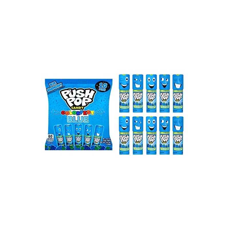 Push Pop Blue Candy Lollipops, 10 Ct Individually Wrapped in