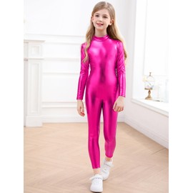 Genfirdom Girls Shiny Metallic Unitard Long Sleeve Leotard Turtleneck Kids Bodysuit for Costume Dance 3-12 Years(hot pink，7-8