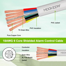 MOOKEERF 18/6 Shielded Wire 18AWG 6 Conductor 100FT Shielded Plenum Cable White CL3P Jacket Alarm Control Cable Stranded Pure Copper for Low Voltage LED,Burglar System,Fire Detector,Security Station