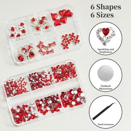 QIUTIMIY 30 PCs 3D Luxury Nail Art Charms + 650 PCs Rhinestones and Tweezers Kit Crystals Diamonds Jewelry Stones(Red)