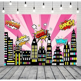 CORFOTO 9x6FT Pink Cartoon Super City Backdrop for Girls Comics Birthday Banner Supplies Urban Cityscape Night View Boom City Buildings Portraits Prop