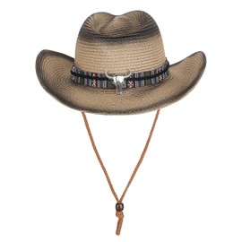 Unisex Straw Cowboy Hat with Chin Strap Men Women Retro Western Cowboy Riding Hat Wide Brim Summer Beach Travel Sun Hat Shapeable Foldable Straw Fedora Hat 56-58CM (UK, Numeric, 7, 7 1/4, Brown+Black)