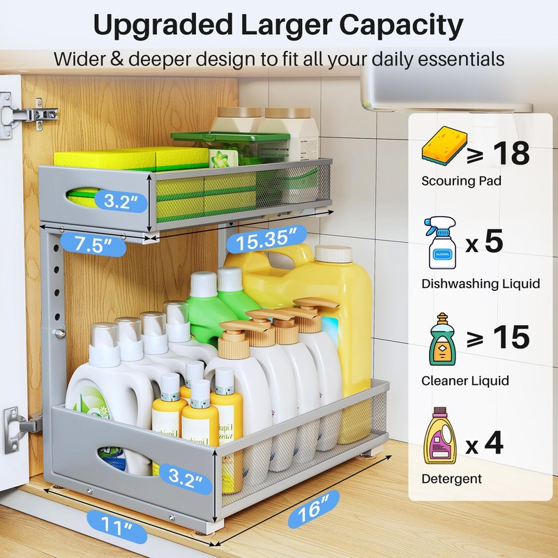 Under Sink Organizer, 2 Pack 2 Tier Pull Out Under