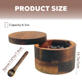 6.5 Ounce Acacia Wood Spice Box with Built In Spoon and Magnetic Rotating Lid Elegant Kitchen Salt Container Holder for Storing Pepper Spices Salt or Your Favorite Seasonings