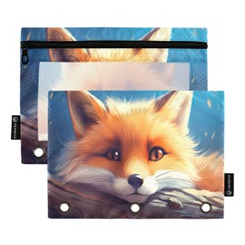 Coikll Cute Cartoon Fox Pencil Pouch Fits standard 3-ring binders, Zipper Binder Pencil Bag with Clear Window for Office 2 Pack