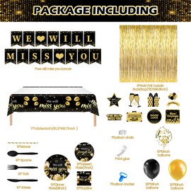 Black Gold Farewell Party Decorations for Men Women Included Going Away Banner We Will Miss You Balloons Plates Napkins Cutlery Tablecloth Foil Backdrops for Retirement Office Leaving Party Supplies