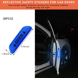 Ziciner 8 Pcs Car Door Open Reflective Stickers, Night Visibility Safety Warning Auto Anti-Collision Protective Strip, Universal Vehicle Decorative Decals Accessories for Most Cars (Blue)
