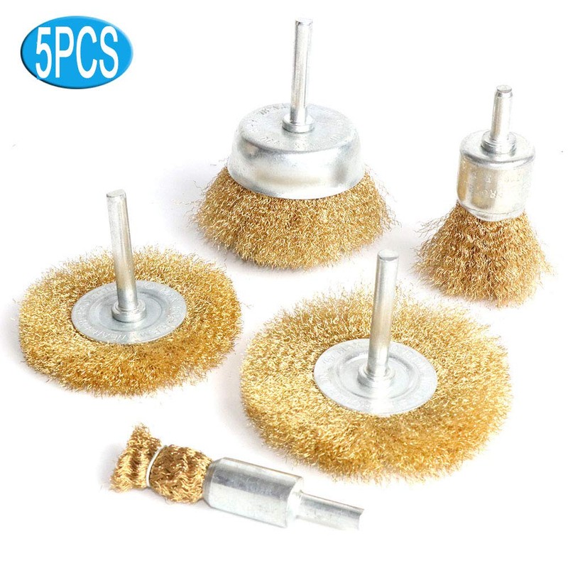 FPPO 5pcs Brass Wire Wheel Brush Kit for Drill,Crimped Cup