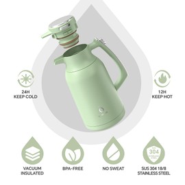 IDEUS Thermal Coffee Carafe 68oz (2,000ml), Stainless Steel Double Wall Insulated Vacuum Flask, Water Jug Coffee Server and Beverage Dispenser, Heat and Cold Retention (Avocado, 68oz (2,000ml))