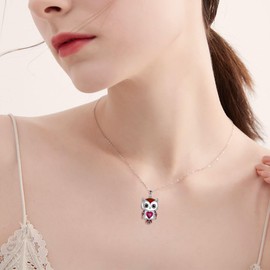 Owl Necklace Jewellery Gifts for Women Sterling Silver Birthstone Owl Pendant Necklace Christmas Jewellery for Women (07-July)