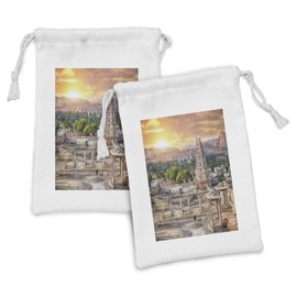 Ambesonne East Fabric Pouch Set of 2, Viruphaksha Building View up from the Hills Sunset Above City Buildings Rock Tower, Small Drawstring Bag for Toiletries Masks and Favors, 9" x 6", Orange Cream