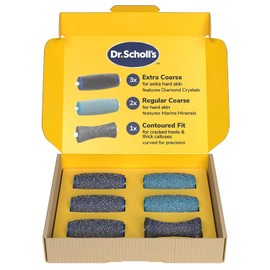 Dr. Scholl’s Electric Foot File Replacement Roller Heads - Buffs Away Stubborn Calluses, Includes 3X Extra Coarse, 2X Regular, 1x Contoured Fit Head, Rinsable, with Marine Minerals & Diamond Crystals