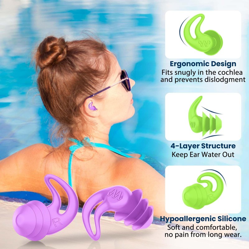 Swimming Ear Plugs for Adults Kids, 4 Pairs Silicone Earplugs
