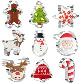 Keepaty Christmas Cookie Cutter Set,9 PCS-Snowflake,Gingerbread Man,Christmas Tree,Snowman,Reindeer Head,Bell,Santa Face,Reindeer,Candy Cane Stainless Steel Cookie Cutter