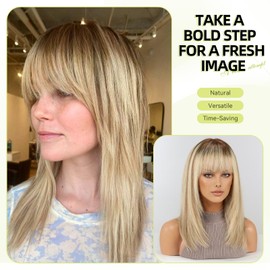 RSY 16 Inch Ombre Golden Brown Human Hair Wigs for Women, Straight Hair Wig with Bangs,Wear Natural Realism,Real hair wigs