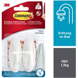 Command Bathroom Designer Hooks Water Resistant - 2 Hooks and 4 Medium Strips - Organize Without Holes and Drilling - Holds up to 1.3kg