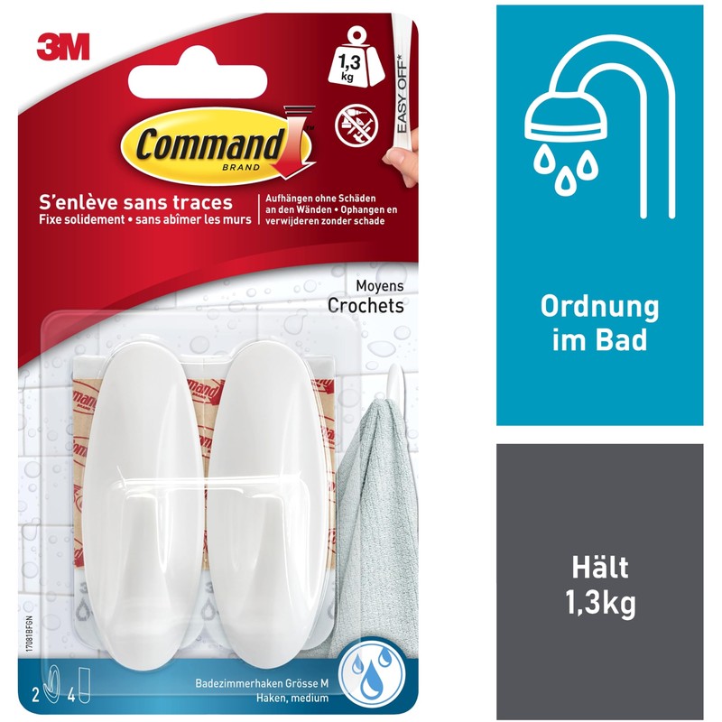 Command Bathroom Designer Hooks Water Resistant - 2 Hooks and