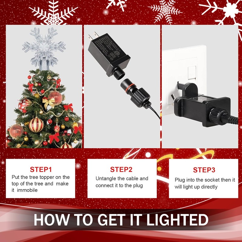 AOMIL Christmas Tree Topper, 3D Rotating Silver Snowflake Pattern Projector