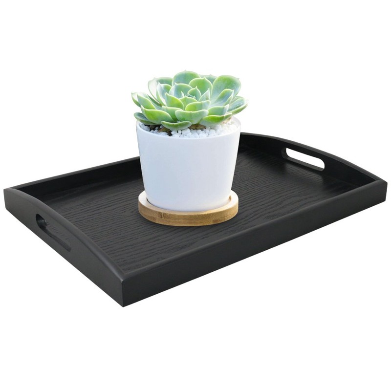 DILLMAN Serving Tray Large Black Wood Rectangle Food Tray Butler