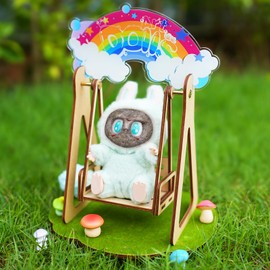 Interactive Mini Wooden Rocking Swing for 6" Plush Doll, with Acrylic Rainbow & Soft Mushroom Lawn for Collectibles, Fun Desktop Decor, Relaxing Room Accent