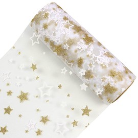 Yuanchuan Gold Star Glitter Tulle Rolls 6 inch x 10 Yards (30 feet) White Color for Table Runner Chair Sash Bow Pet Tutu Skirt Sewing Crafting Fabric Wedding Unicorn Party Birthday Gift Ribbon (White)