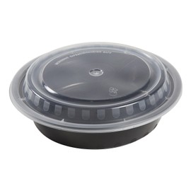 AmerCare 7 Inch Round Black Plastic Containers with Lids, 24 Ounces for Microwave or Freezer, Pack of 150