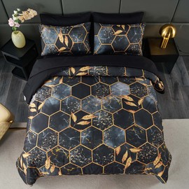 ANGIYUIN Black King Size Comforter Set Geometric Comforter 7Pcs Foil Print Bed in A Bag Marble Bedding Comforter Sets 3D Honeycomb Hexagon Decor Gold Trim Bed Set for Women Men (Black King)