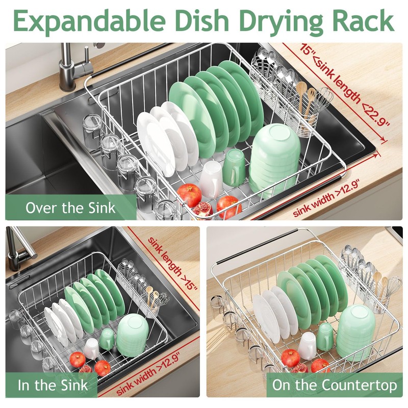 Fanbsy Dish Drying Rack in Sink, Extendable Stainless Steel Dish