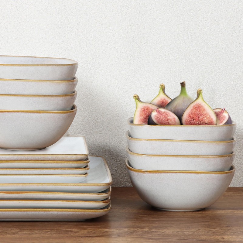 E-far Square Plates and Bowls Sets, 12-Piece Stoneware Dinnerware Sets