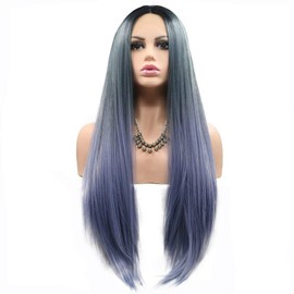 Blue Lace Front Wig Long Straight Ombre Blue Dark Roots Lace Wig Middle Part Blue Purple Mix Color Wigs for Women Heat Resistant Fiber Makeup Synthetic Wig 24 Inches