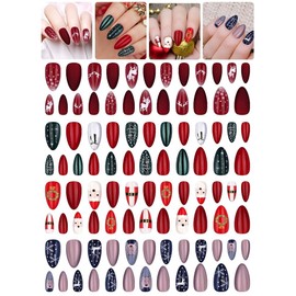 EBANKU 96 Pieces Christmas Fake Nails, Artificial Christmas Press on Nails, Reindeer, Snowflakes, Christmas Trees, Full Cover Nail Tips for Women, Girls