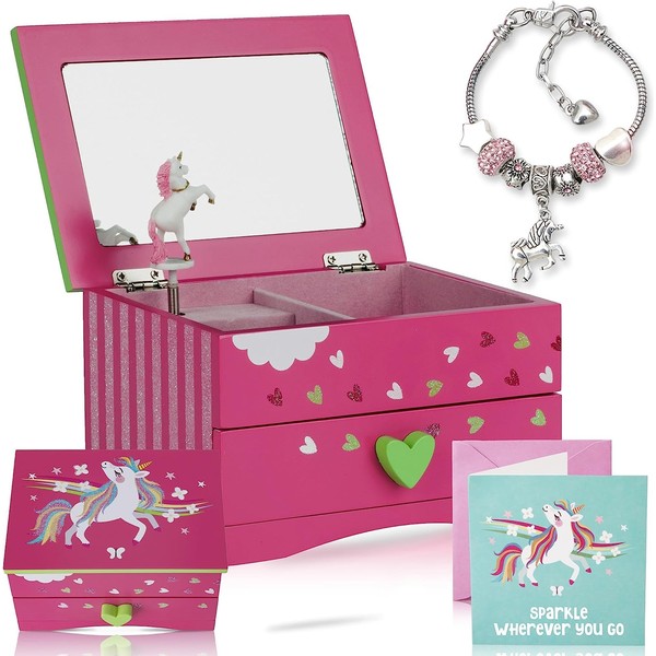Amitié Lane Unicorn Musical Jewelry Box for Girls - Unicorns Gifts For Girls - Music Box For 5 Year Old Birthday Gifts or Ages 6, 7, 8, Kids Jewelry Box, Unicorn Bedroom Decor For Little Girl (Pink)