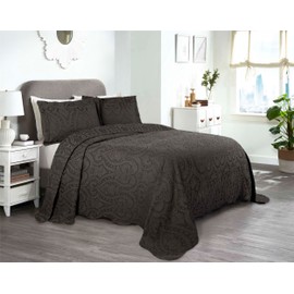 Superior Aspen Cotton Blend 3 Piece Bedspread Set, Oversized Bedspread, 2 Pillow Shams, Medium Weight Blanket, Home Bed Decor, Floral Scalloped, Matelasse Coverlet, Bedding Essential, King, Charcoal