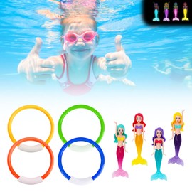 Shwdsy Diving Toy for Children, 4 Pieces Diving Rings with 4 Pieces Mermaid Water Toy, PVC Bath Toy, for Swimming Pool and Diving Training