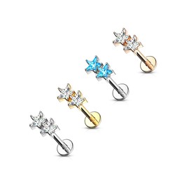 Pierced Owl 16GA Twin CZ Crystal Star Top Monroe Labret Cartilage Ear Stud (Silver Tone/Clear)
