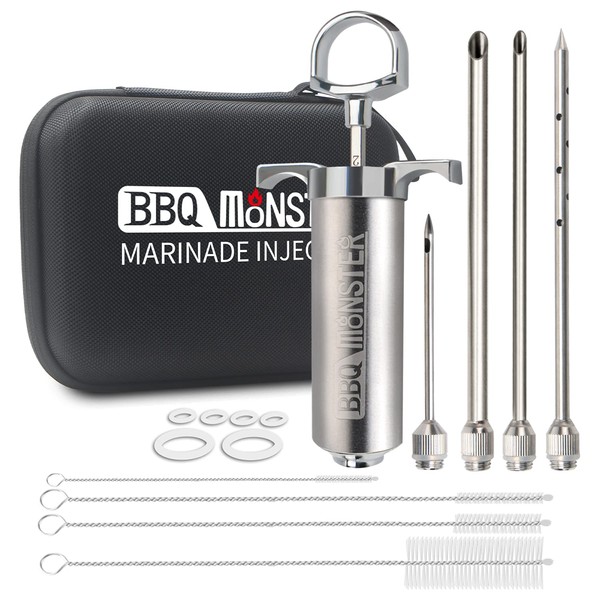 BBQ Monster Meat Injector for Smoker with Case and 4 Flavor Food Injector Syringe Needles, Perfect Injecting Marinade into Turkey, Meat; 2-oz; Paper and E-Book (PDF) User Manual Included