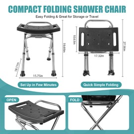 Folding Shower Chair Seat,Height Adjustable Shower Chair Seat,Stainless Eligible Shower Chair for Inside Shower,400lbs Portable Travel Shower Stool,Safety Anti-Slip Bath Chair for Seniors(Black)