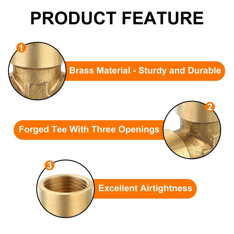 sourcing map Brass Tee Pipe Fitting, 1/8" x 1/8" x