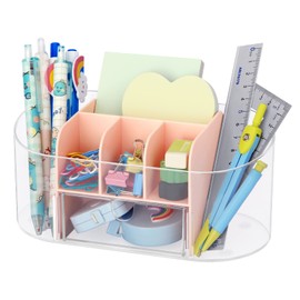 LETURE Clear Desk Organizer with drawer, Acrylic Pen Pencil Markers Holder, Clear Office Supplies and Accessories,Desktop Organizer for Room College Dorm Home School (Pink)