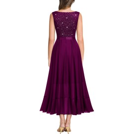 Miusol Women's Vintage V-Neck Sleeveless Sequined Floral Lace Ruffle Split Evening Party Dress (Large, Maroon)