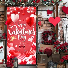 Avezano Happy Valentine's Day Door Cover Valentines Day Door Decorations Romantic Red Heart Valentines Banner Valentine's Day Party Supplies