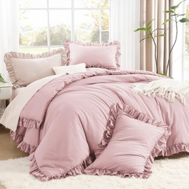 Litanika Grayish Pink Full Size Comforter Sets, 3 Pieces Ruffle Farmhouse Aesthetic Bedding Comforter Sets, All Season Soft Lightweight Fluffy Microfiber Bed Set(79x90In Comforter, 2 Pillowcases)