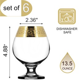 Joseph Sedgh Collection Greek Key Brandy & Cognac Snifter Glasses Set of 6-13.5 oz Large Round Sniffer Bowl with Short Stem, Dishwasher Safe Premium European Grade Glassware