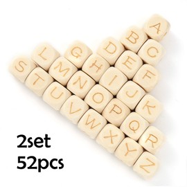 HERZWILD 52 Pieces Wooden Letter Beads, Cube Wooden A-Z Beads, 12 mm Natural Wooden Beads for Crafts (B)