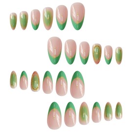 24Pcs Star Press on Nails Long Almond False Nails French Tip False Nails Gold Star Lines Green Gradient Design Glossy Stick on Nail Full Cover Reusable Acrylic Glue on Nail for Women Decor Nail Art